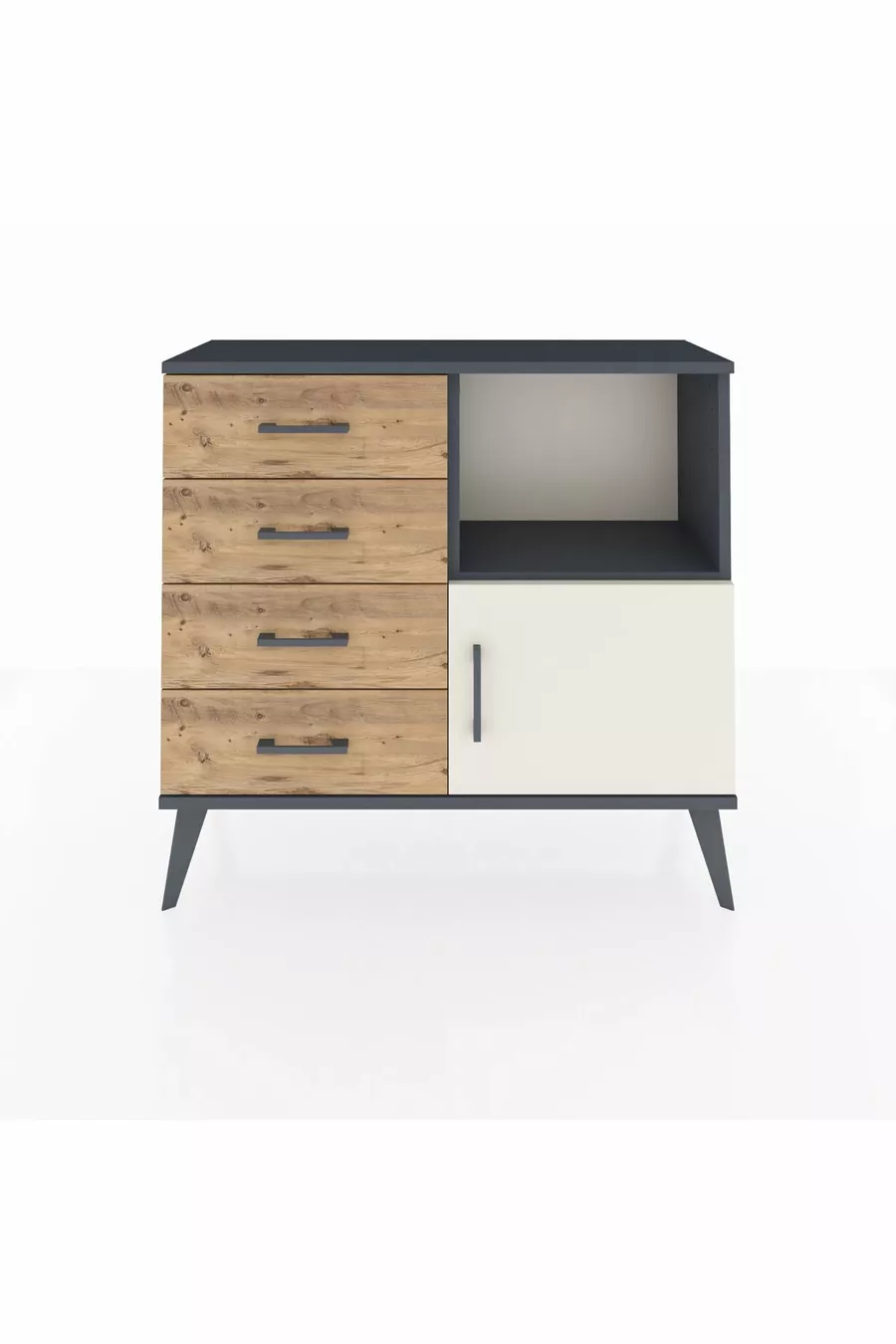 Commode Arges avec une seule étagère, 4 tiroirs et une porte, Anthracite-Pierre de lune/Pin