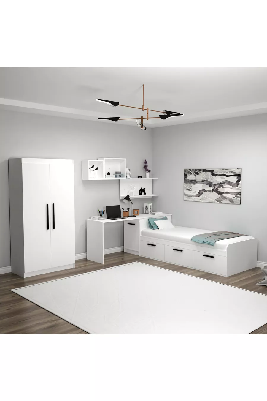 Akser Jongenskamer 4-delig Set – Wit (Bureau, Bed, Kast, Wandplank)