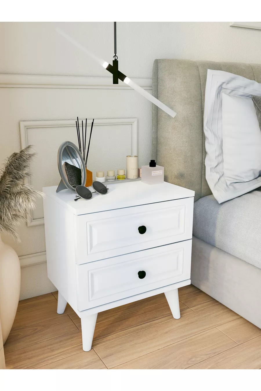 Landelijke nachtkast met witte lade voor slaapkamer