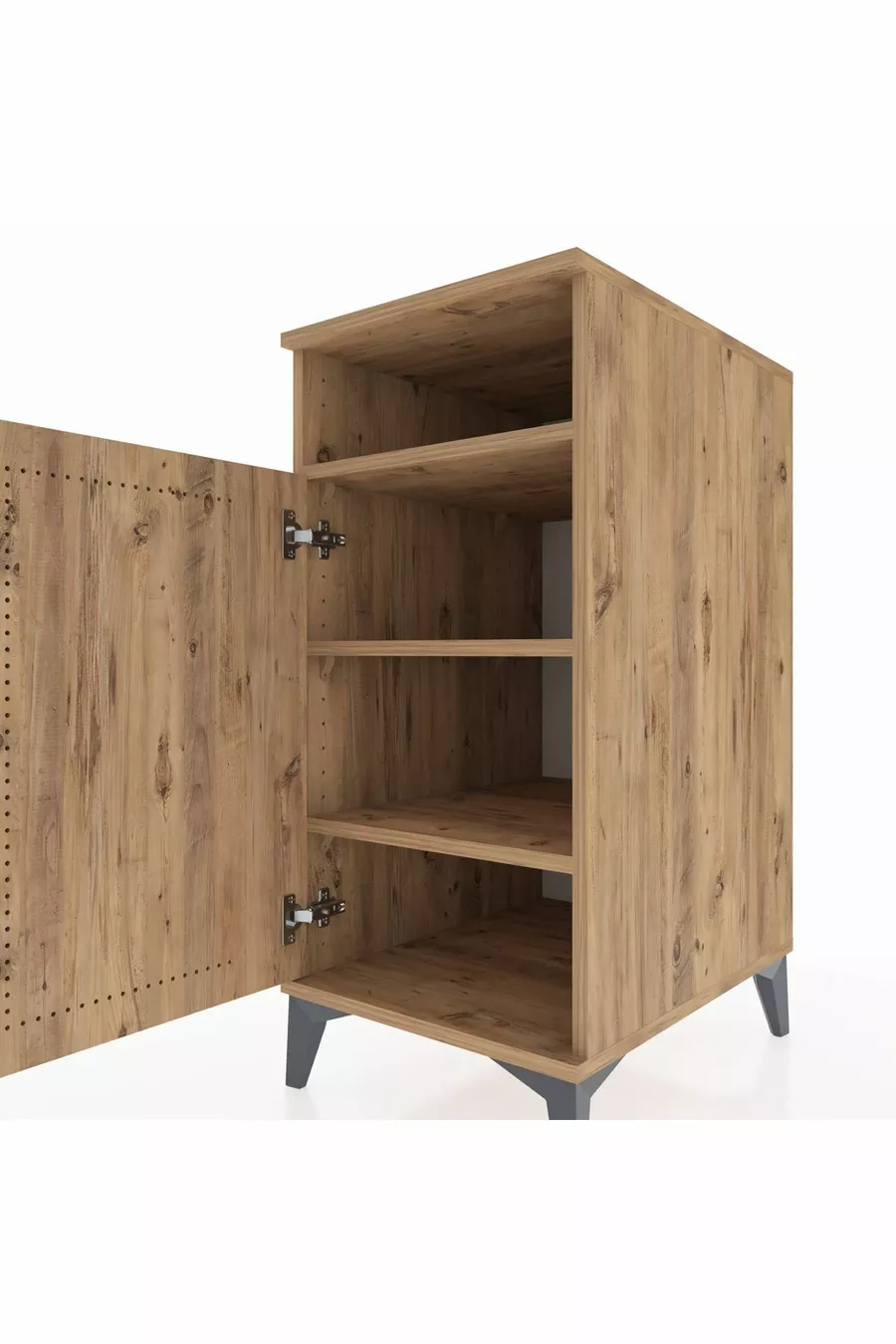 Table de chevet Kronos à 3 étagères avec 1 porte, pin-pin