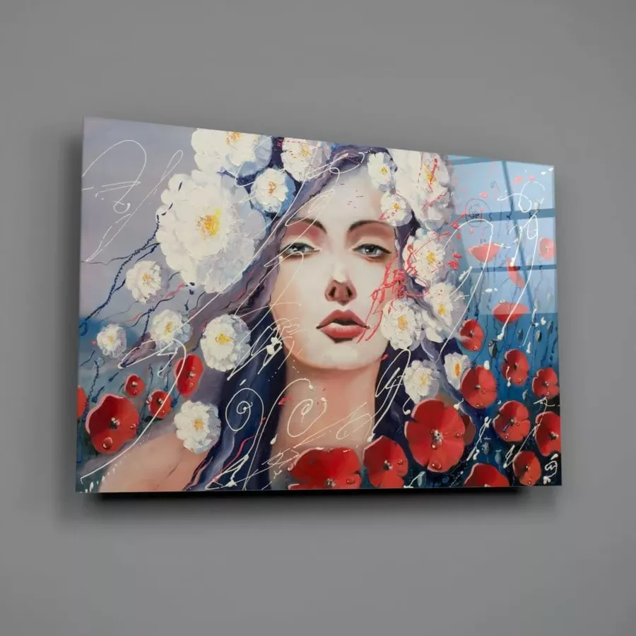 Peinture sur verre de femme et de fleurs