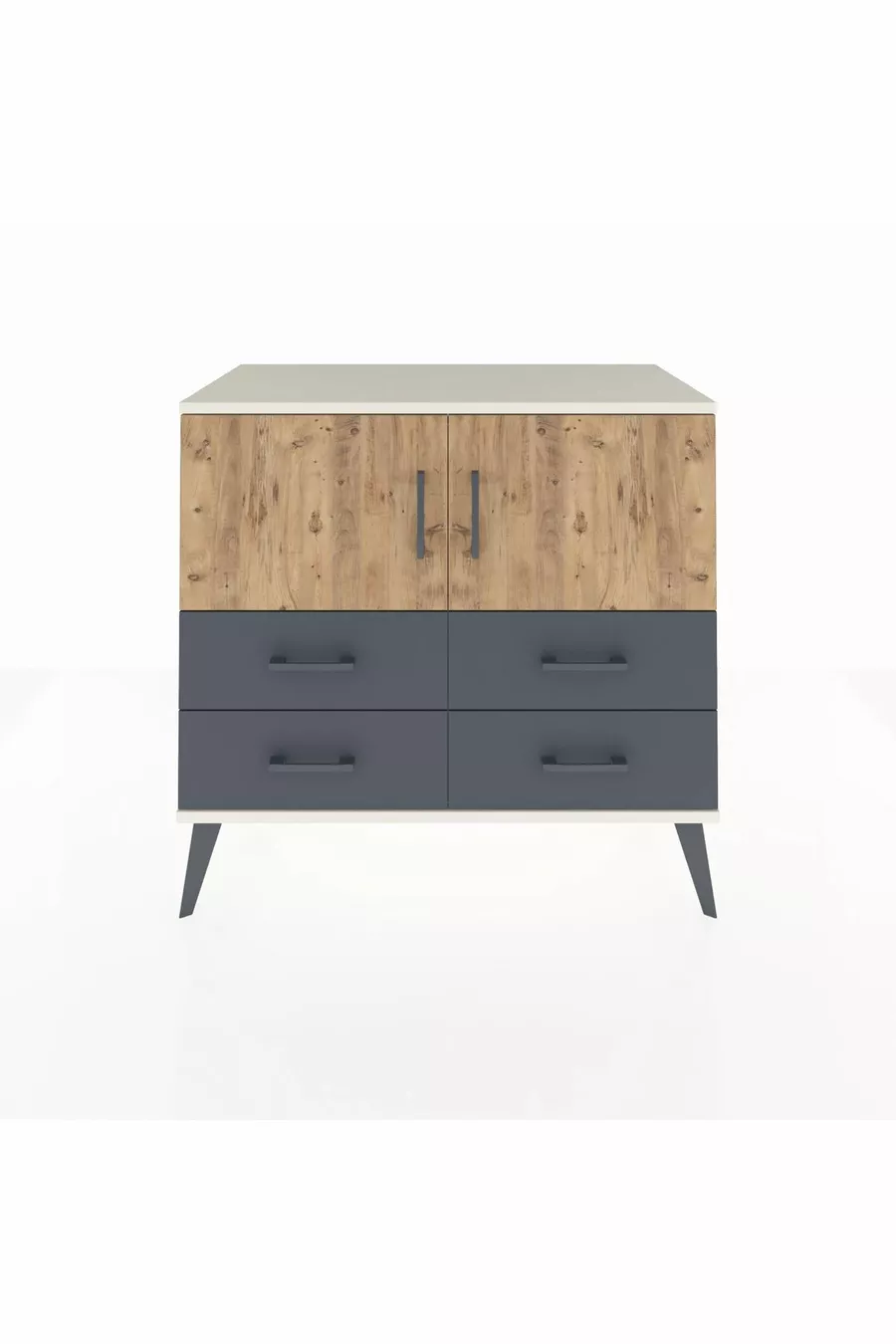 Commode Hyperion 2 étagères 4 tiroirs 2 portes Pierre de Lune-Sapin/Anthracite