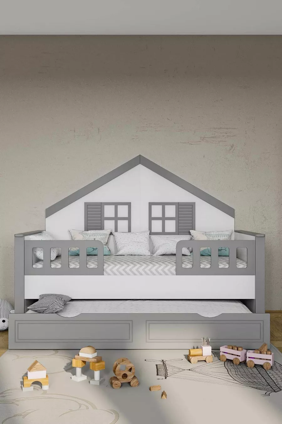 % MDF Materiaal Kinder Montessori Bed met Lade, Grijs