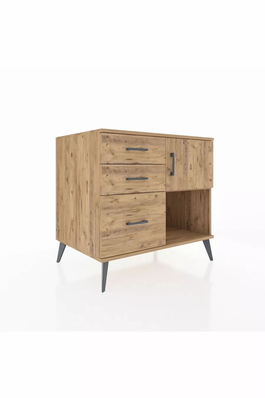 Commode Kronos avec une étagère, 3 tiroirs et une porte, pin-pin