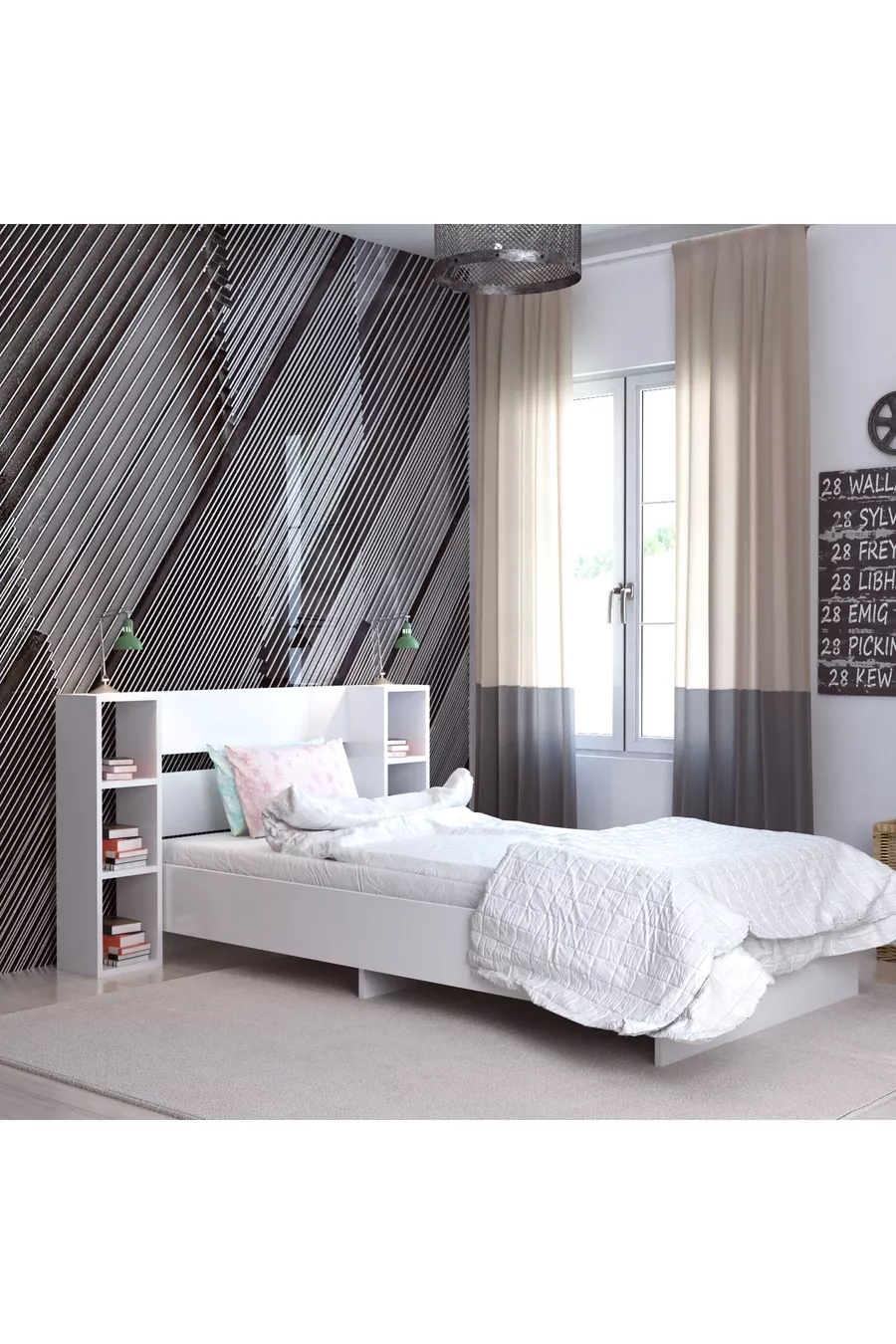 Lit simple avec étagère compatible avec matelas Smart, blanc - Smart