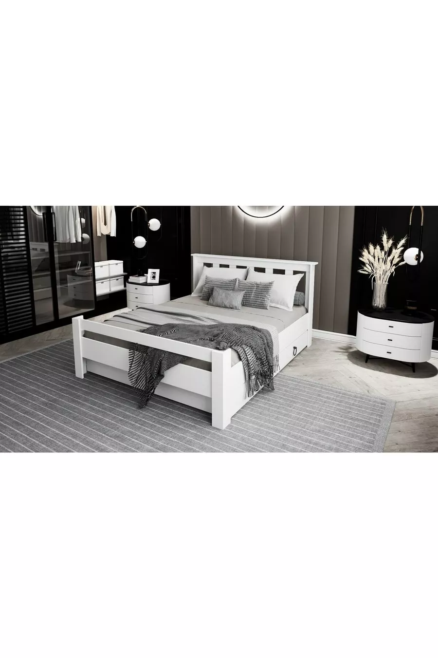 Lit double Arya compatible avec matelas, en MDF blanc avec tiroirs Maçy-1
