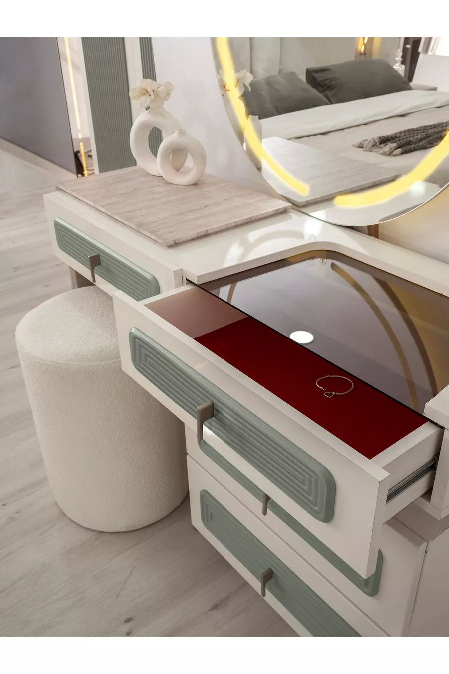 Turquoise MDF-Based LED Bedroom Set
