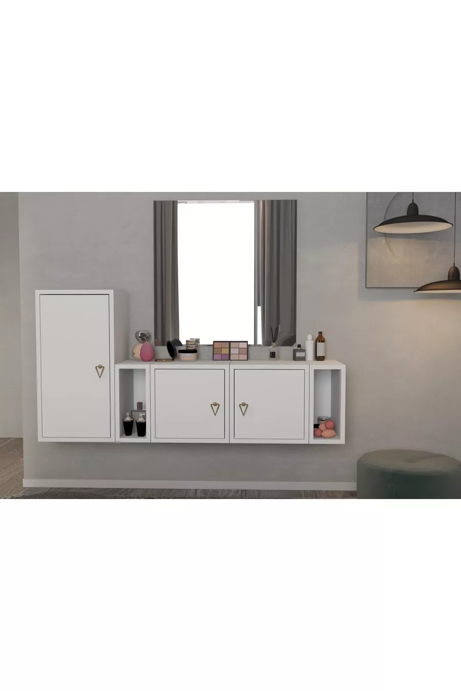Set camera da letto modulare con armadio a cassetti con ante e set di scaffali