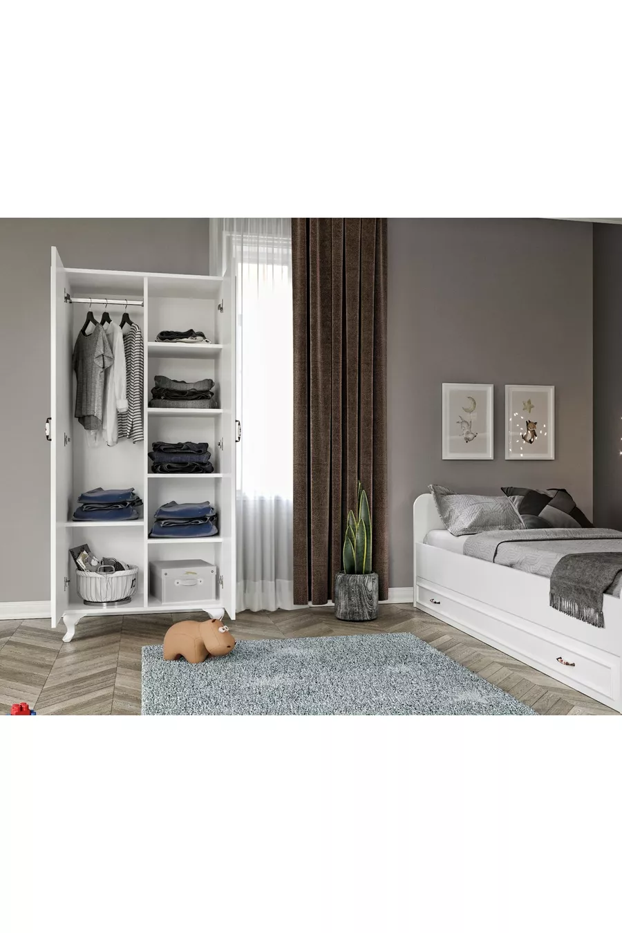 Country Slaapkamer Set - Kinderbed met Opberglades, Kledingkast met 2 Deuren, Ladekast met 3 Lades, Helemaal MDF