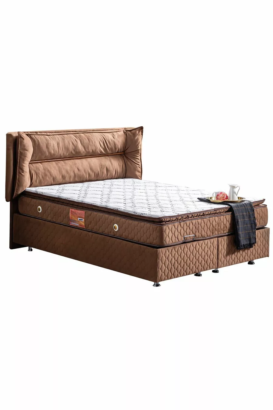 Ensemble Lit Double Barcelona, Tête de Lit et Sommier Double - Marron