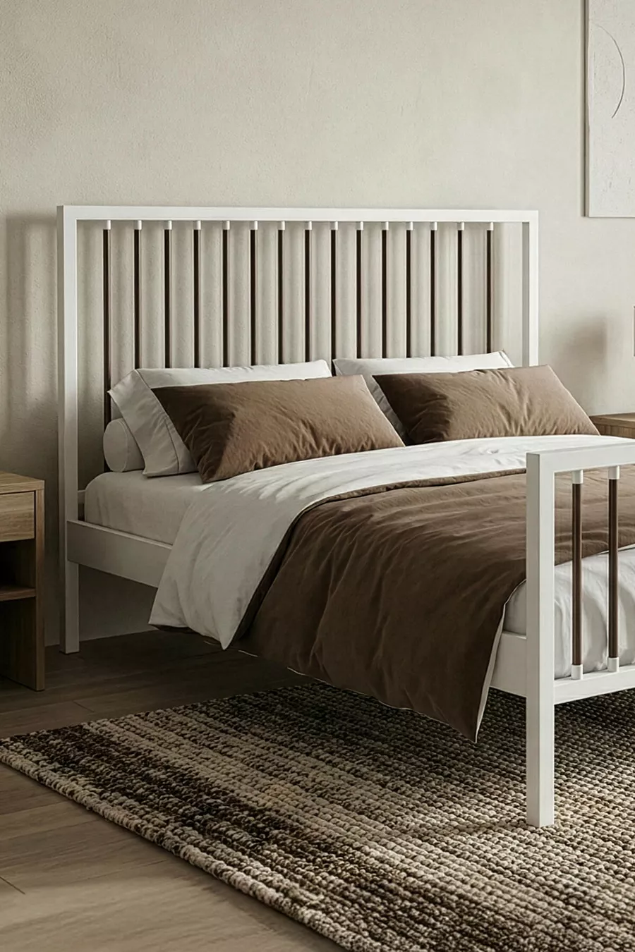 Lit double en métal forgé Breeze (BLANC-MARRON) (Avec lattes en bois)
