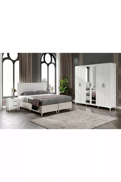 Complete MDF Paris White Bedroom Set with 6 Doors and Bed Base