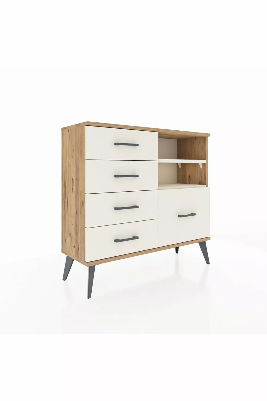 Commode Arges 2 étagères 5 tiroirs Pin-Pierre de lave