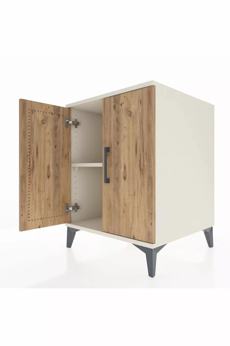 Kronos Table de chevet à une étagère et deux portes, Pierre de lune-Pin