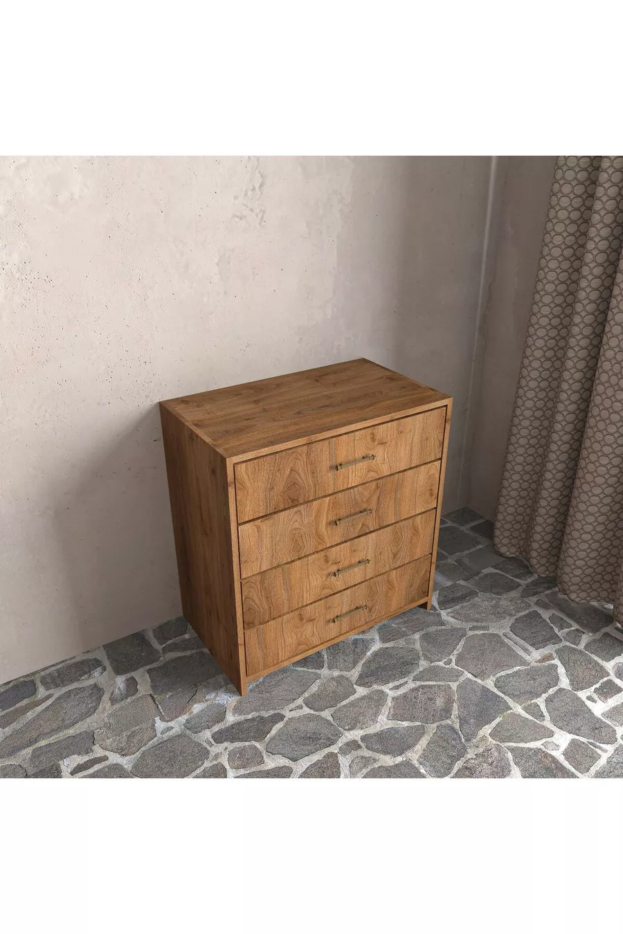 Commode en bois tendre de noyer à 4 tiroirs