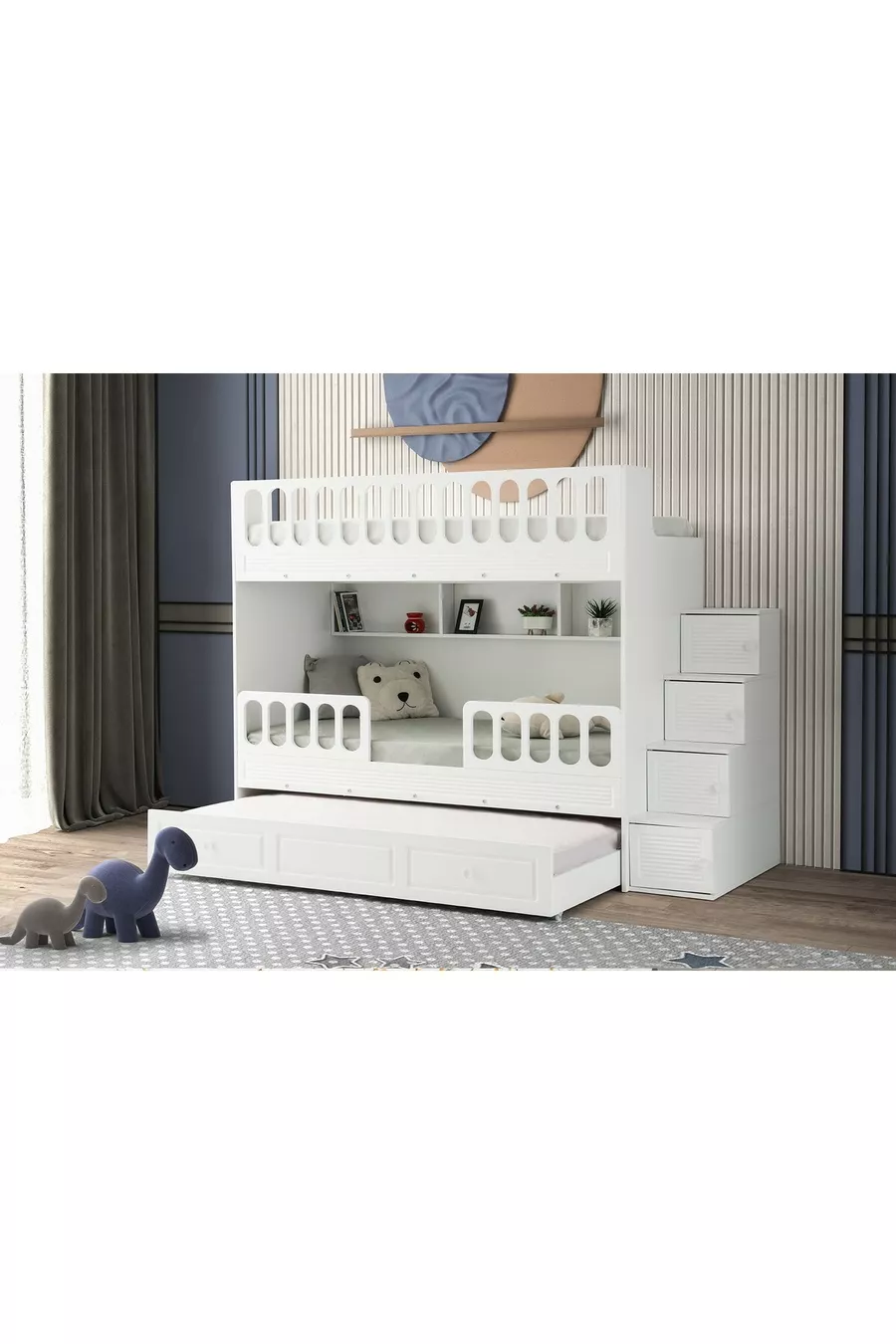 Letto a castello con sponde a persiana, supporto in acciaio, rivestimento in membrana, 100% MDF