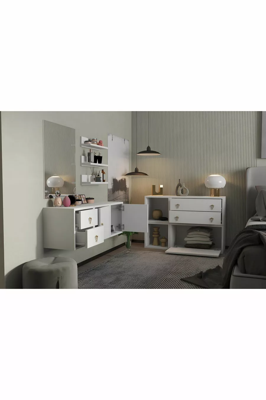 Ensemble de chambre à coucher modulable avec mur, chambre à coucher et dressing, blanc