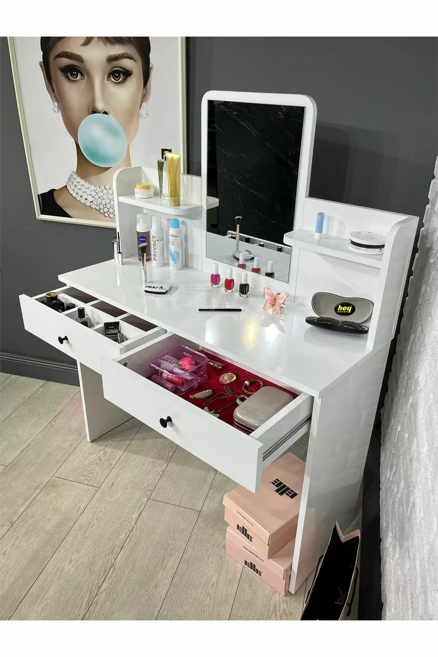 Tavolo da Trucco con Specchio, Tocador con 2 Cassetti, Organizer per Gioielli e Mensola, Bianco, cm