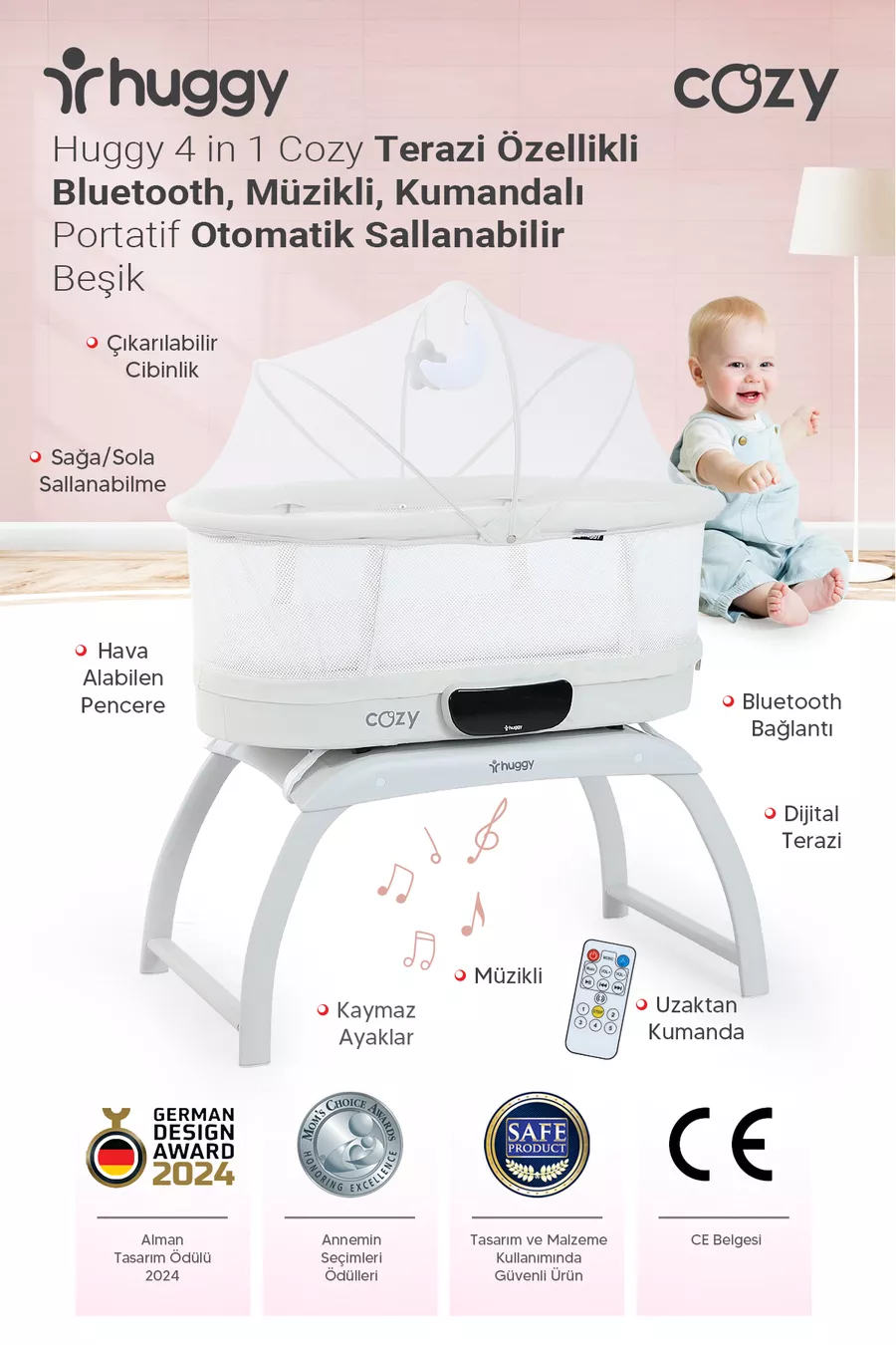 Culla Automatica Dondolante 4 in 1 con Bluetooth, Musica e Telecomando – Portatile