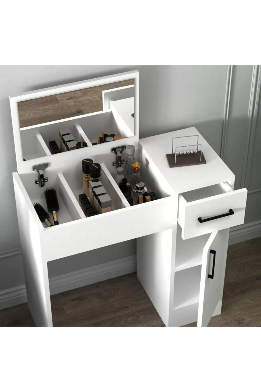 Perlmuttweißer Schminktisch mit Spiegel – Mit Schubladen, Schrank & Stilvollem Design