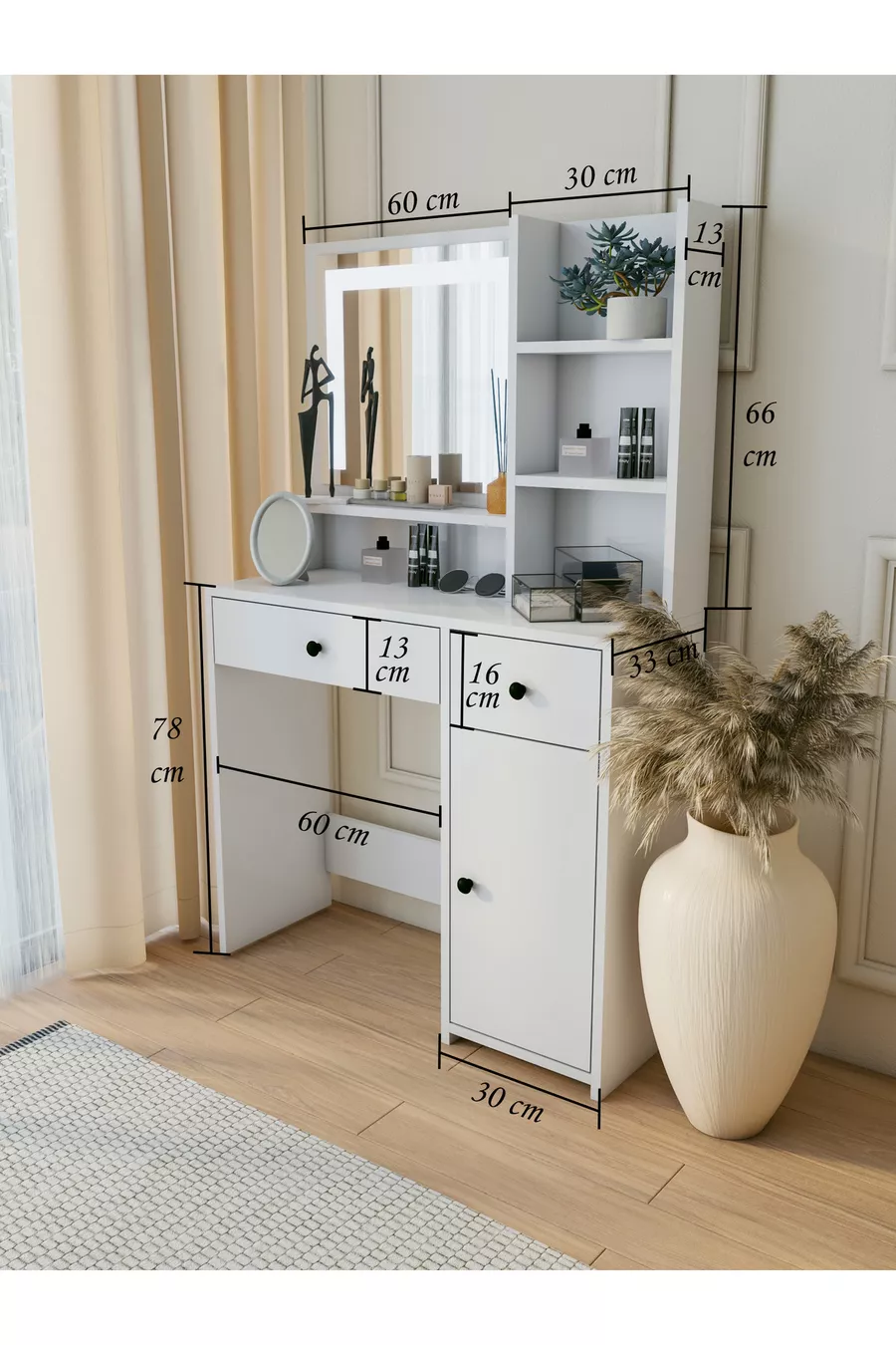 Coiffeuse Blanche avec Tiroirs, Étagère pour Accessoires et Bijoux, Miroir Spécial avec LED