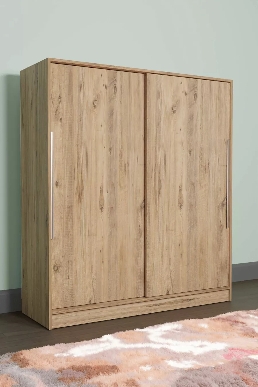 Armoire coulissante  Zambak avec plusieurs étagères, tiroirs et tringle, en pin avec caisson en pin (portes en pin)