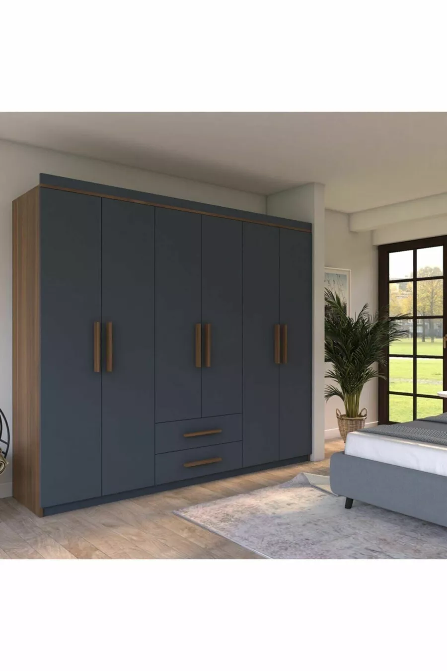  Lavinya Lux Armoire 6 Portes 2 Tiroirs Noyer-Anthracite Gris