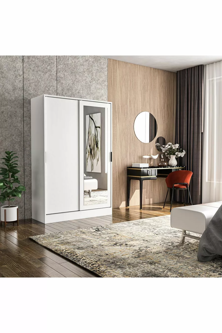 Berceste White 2-Sliding Door Mirrored 8-Section Wardrobe Closet