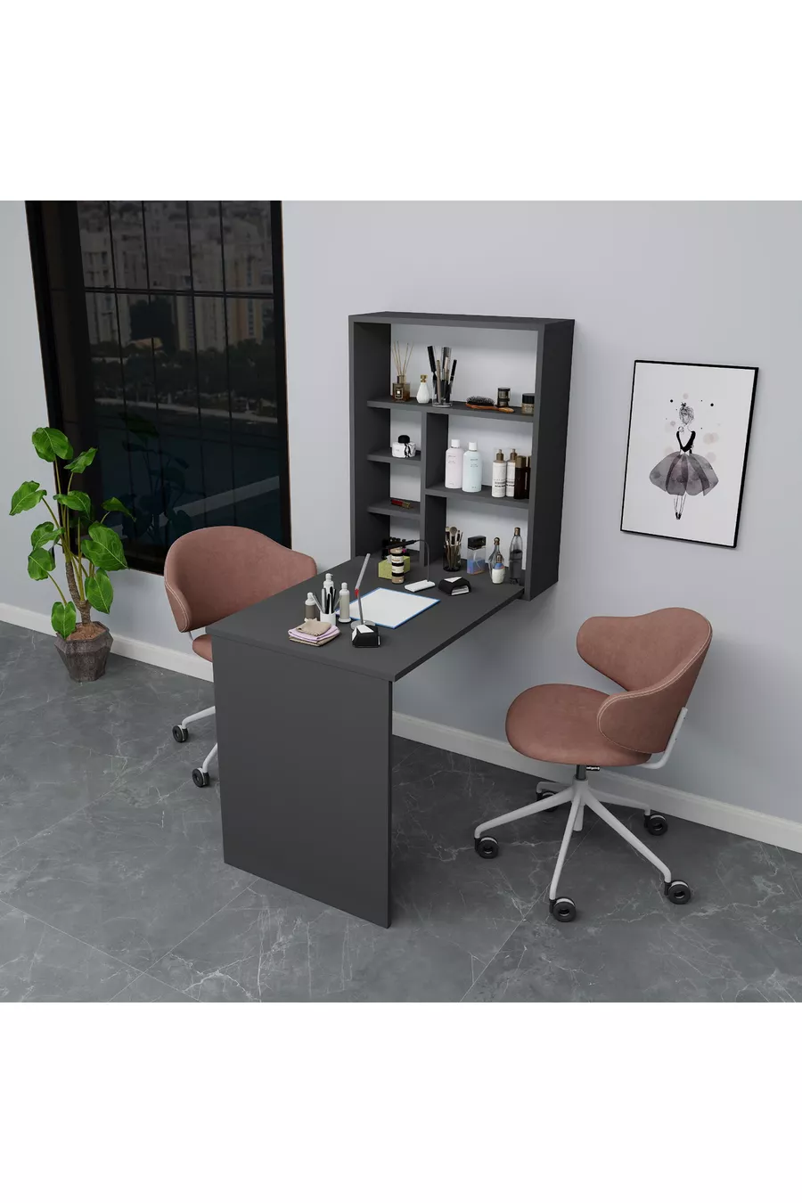 Tavolo da Manicure e Pedicure con Scaffale in Cedro, Antracite - Cedro