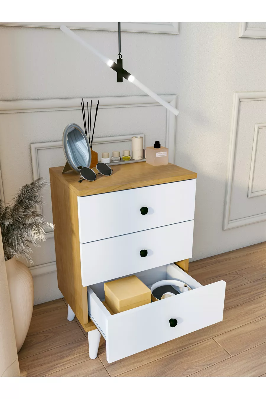 Table de chevet blanche brillante Marbella avec 3 tiroirs, table de chevet moderne pour chambre à coucher