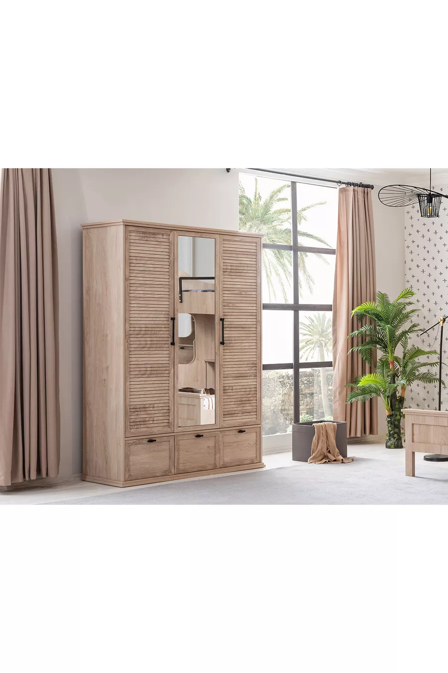 Lits superposés, Ensemble de chambre pour jeunes Polo avec bureau, lit superposé en noyer, armoire à 3 portes, 2 matelas Comfort