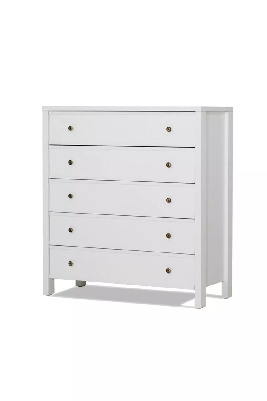 Comò moderno Rio a 5 cassetti con gambe, bianco