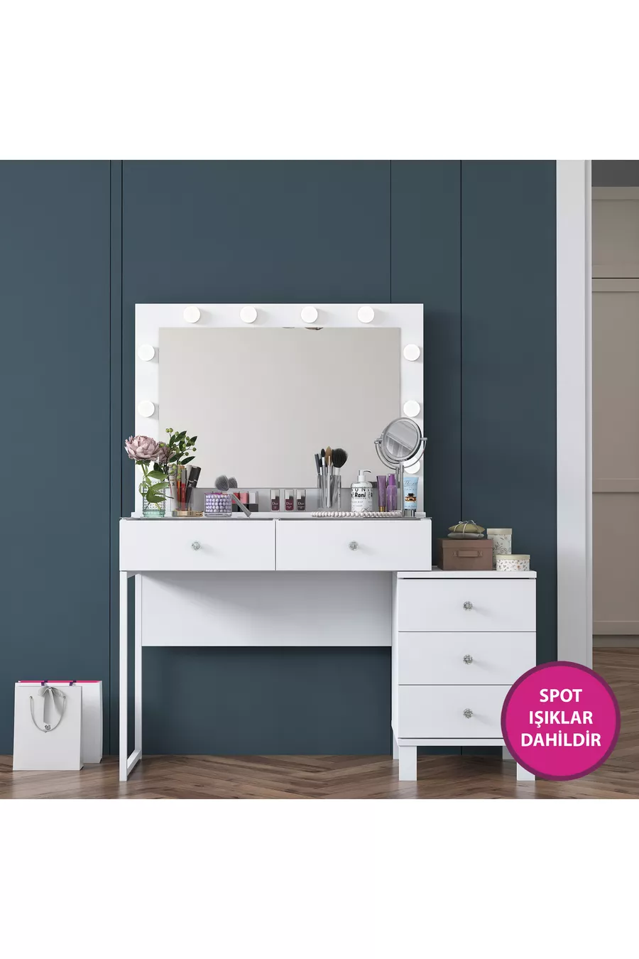 Rani Tavolo da Trucco con Specchio e Luci in Stile Hollywood con 5 Cassetti Organizzatore di Gioielli Bianco