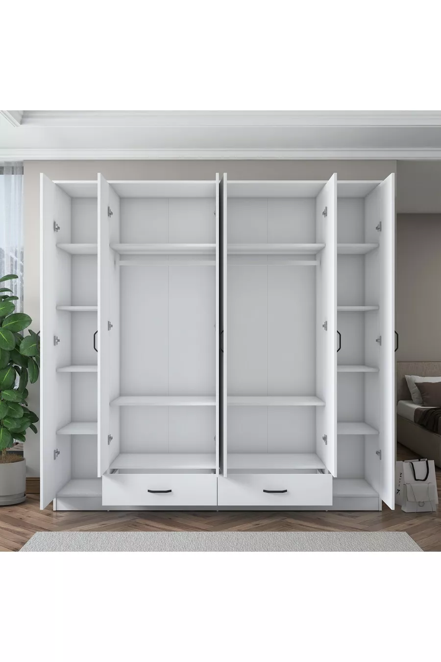 Rani  Großer Kleiderschrank mit 6 Türen, 2 Schubladen,  Regalen und 2 Kleiderstangen, Weiß