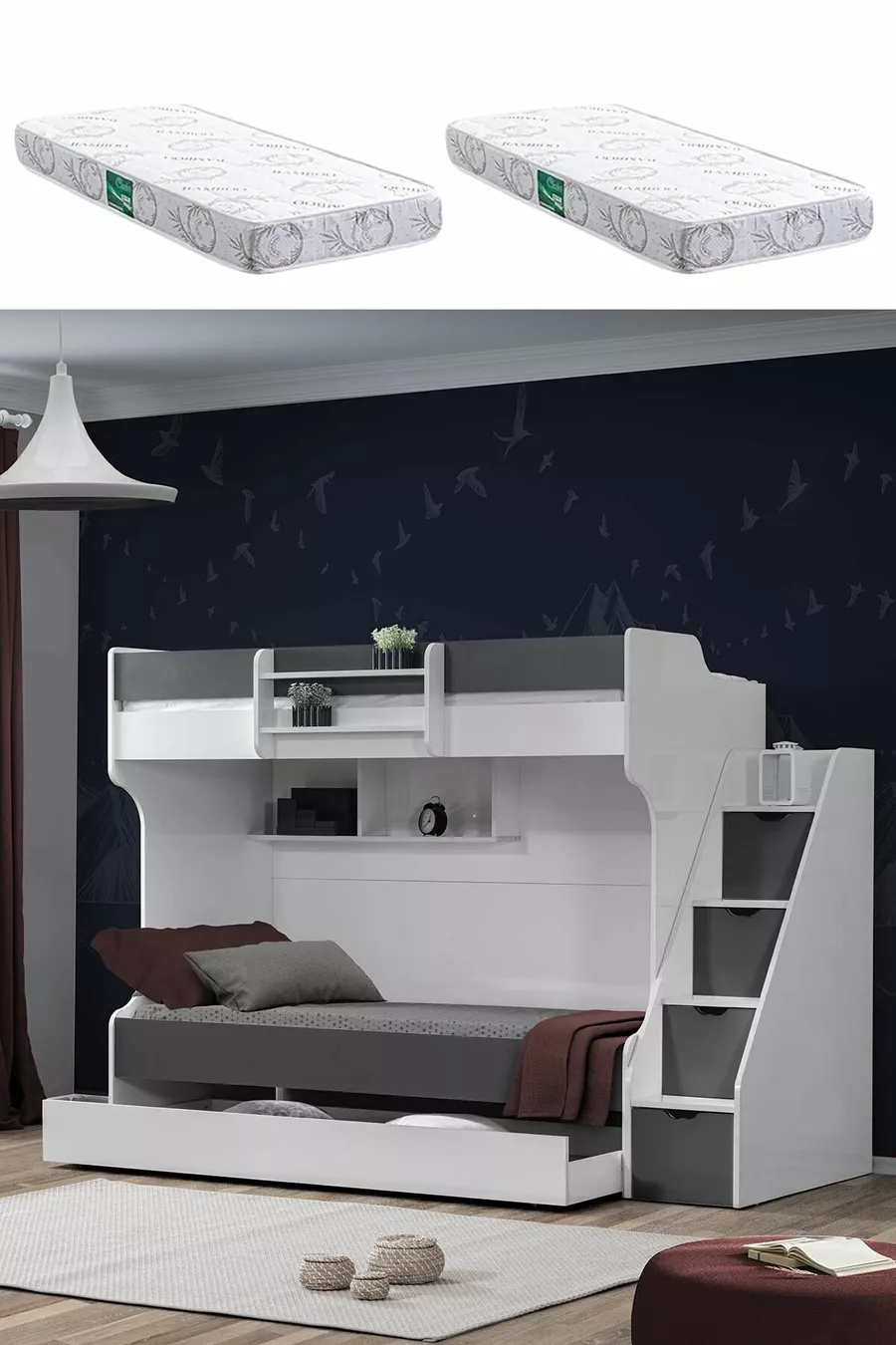 Bunk Bed, Kardem Bunk Bed with Drawer - Anthracite 2 Comfort Mattresses