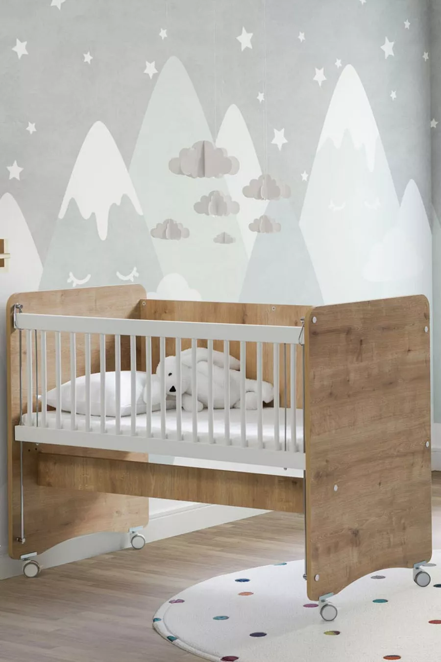 Berceau pour bébé à roulettes avec côté inclinable - Lit bébé - Lit parc - Bois - Cm
