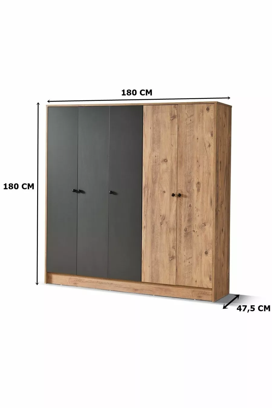 Armoire  Diva 5 portes avec étagères compartimentées et patères, pin atlantic et anthracite,  cm