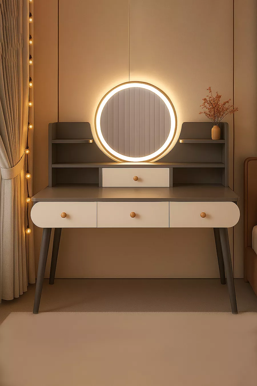 Coiffeuse moderne avec miroir rétroéclairé LED en MDF de qualité 1ère classe, table de toilette (G)