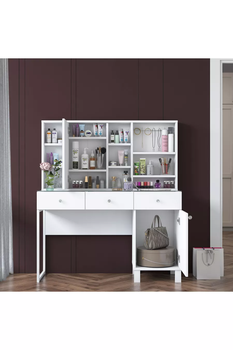 Rani Schminktisch mit Spiegeltür und Schublade, Schmuck-Organizer mit Haken, Weiß