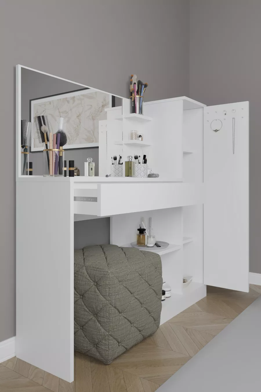 Orkide Makyaj Masası, 1 Çekmeceli, Dolaplı, Aynalı