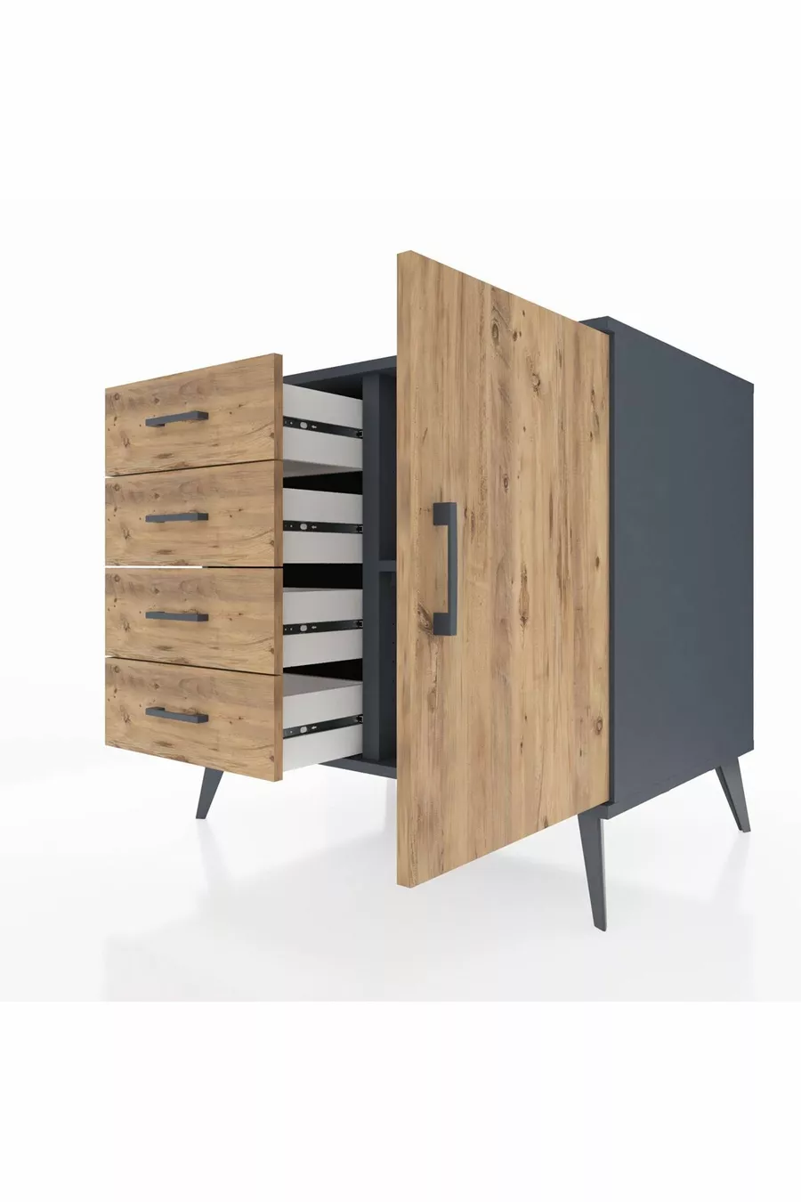 Kronos Commode avec une étagère, 4 tiroirs et une porte, Anthracite-Pin