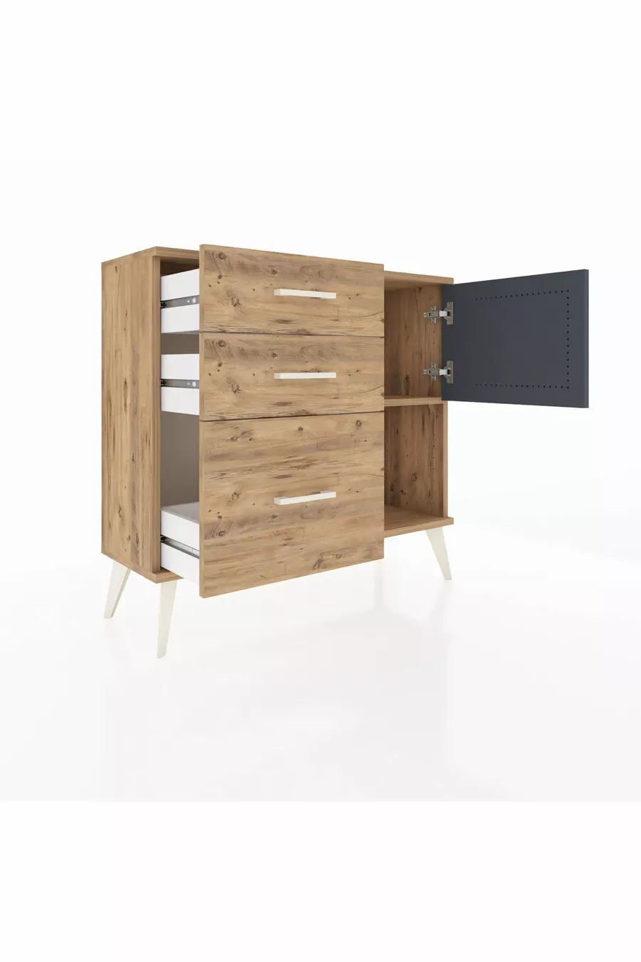 Commode Arges avec une étagère, 3 tiroirs et une porte, pin-anthracite/pin