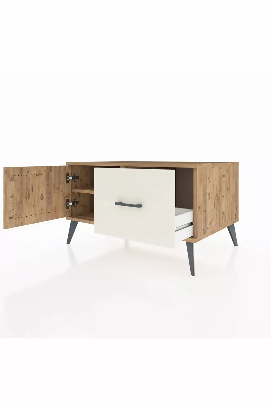Commode Kronos avec une étagère, un tiroir et une porte, Pins-Pins / Pierre de lune