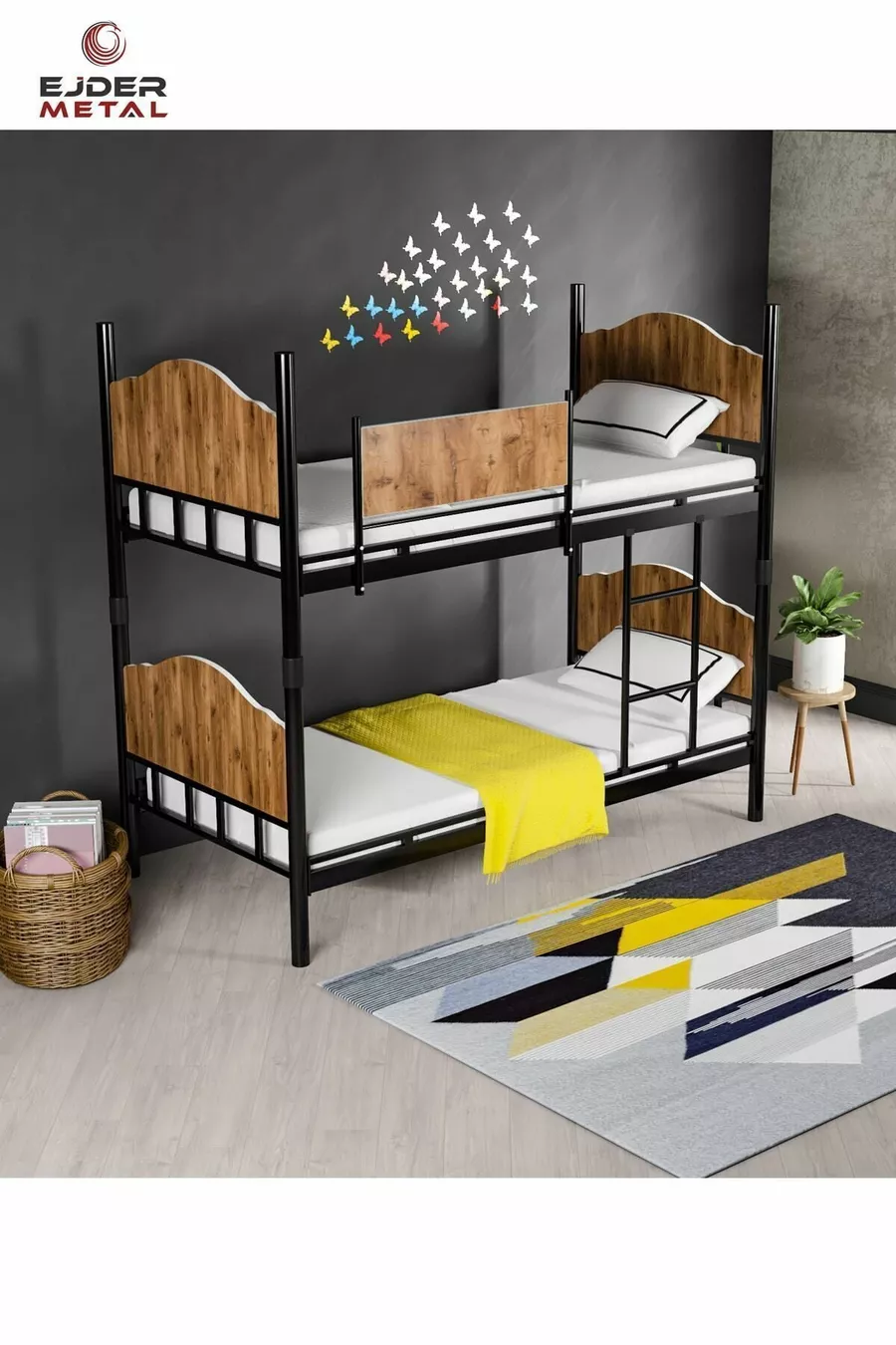 Metal Bunk Bed with Wood Black-Walnut Color (WITHOUT MATTRESS)