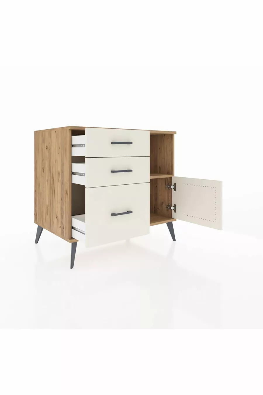 Commode Kronos avec une étagère, 3 tiroirs et une porte, pin-pierre de lave