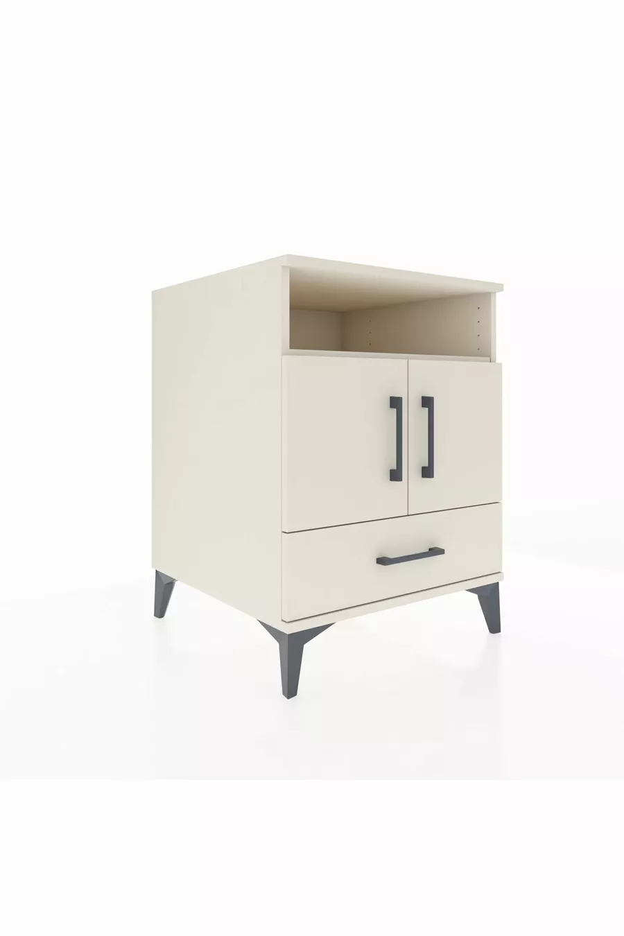 Table de chevet Kronos avec 3 étagères, 1 tiroir et 2 portes, couleur Pierre de Lune