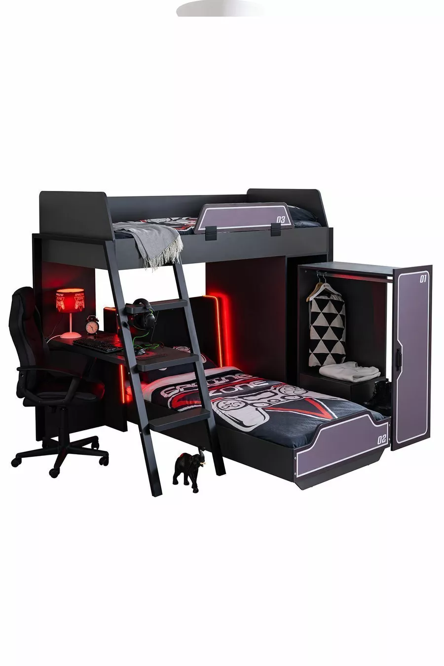 Chambre de joueur avec lit superposé, lits mezzanine Gamer avec LED, bureau et armoire