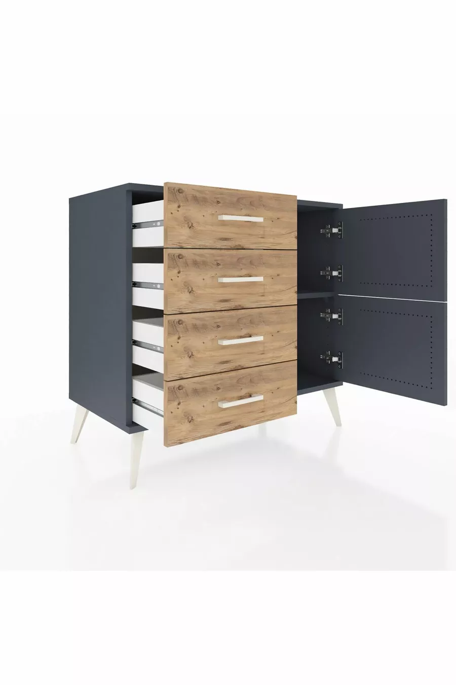 Commode Hyperion à une étagère, 4 tiroirs et 2 portes Anthracite-Anthracite/Sapin