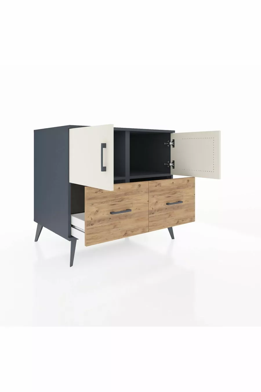 Kronos Comodino 2 Ripiani 2 Cassetti 2 Ante Antracite-Pietra di Luna/Pino