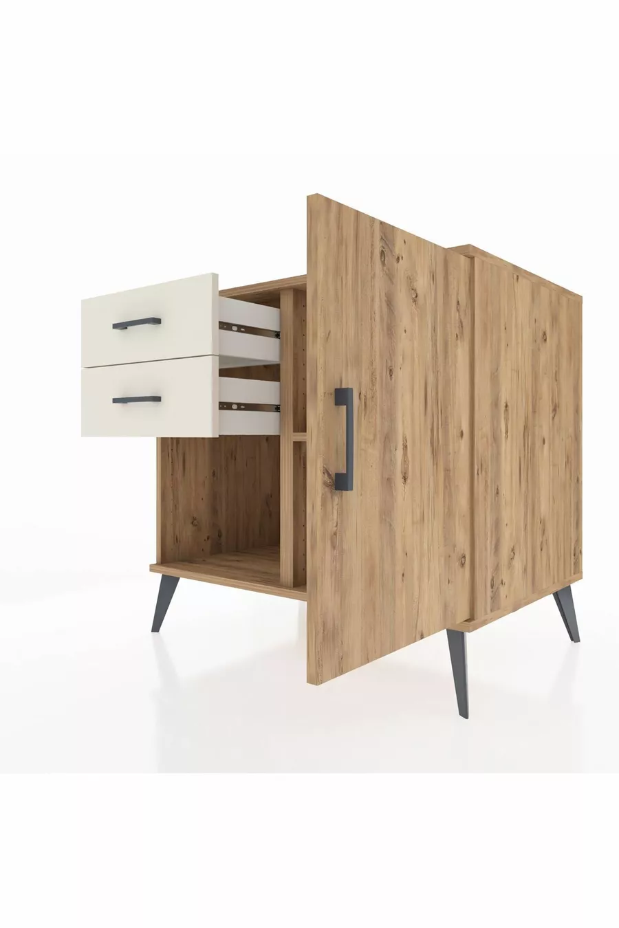 Kronos Dressoir Met Eén Plank, 2 Lades En Eén Deur, Dennen-Dennen/Marmer